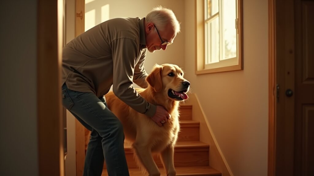 Owner helping older dog up stairs