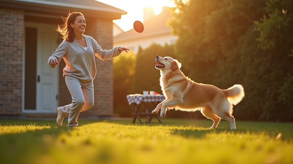 Owner playing with dog after breakfast