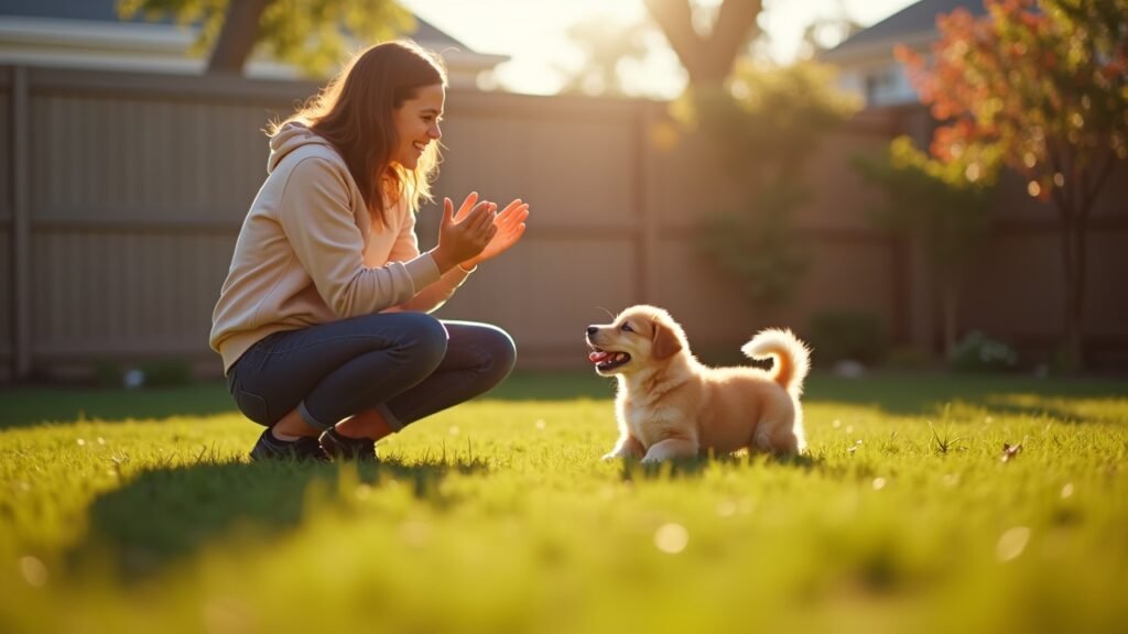 Owner praising puppy after potty