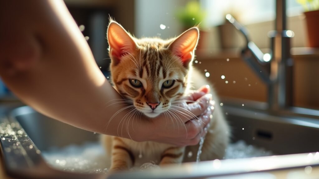 Owner washing calm cat in sink