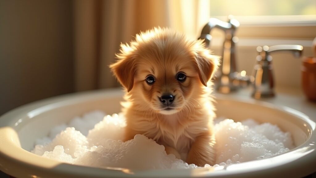 Puppy getting first bath