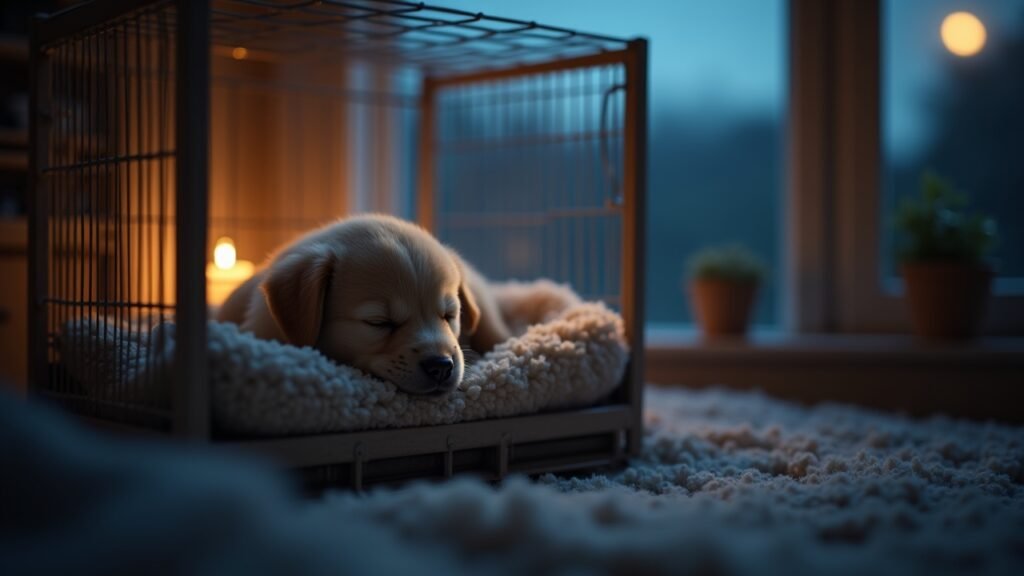 Puppy sleeping in crate at night