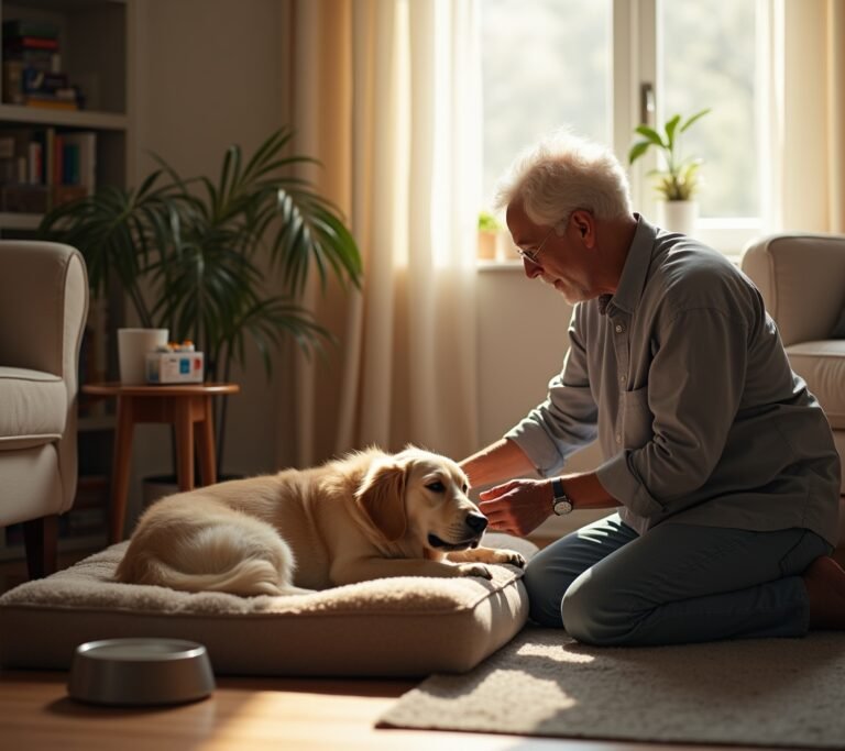 Senior dog resting on orthopedic bed