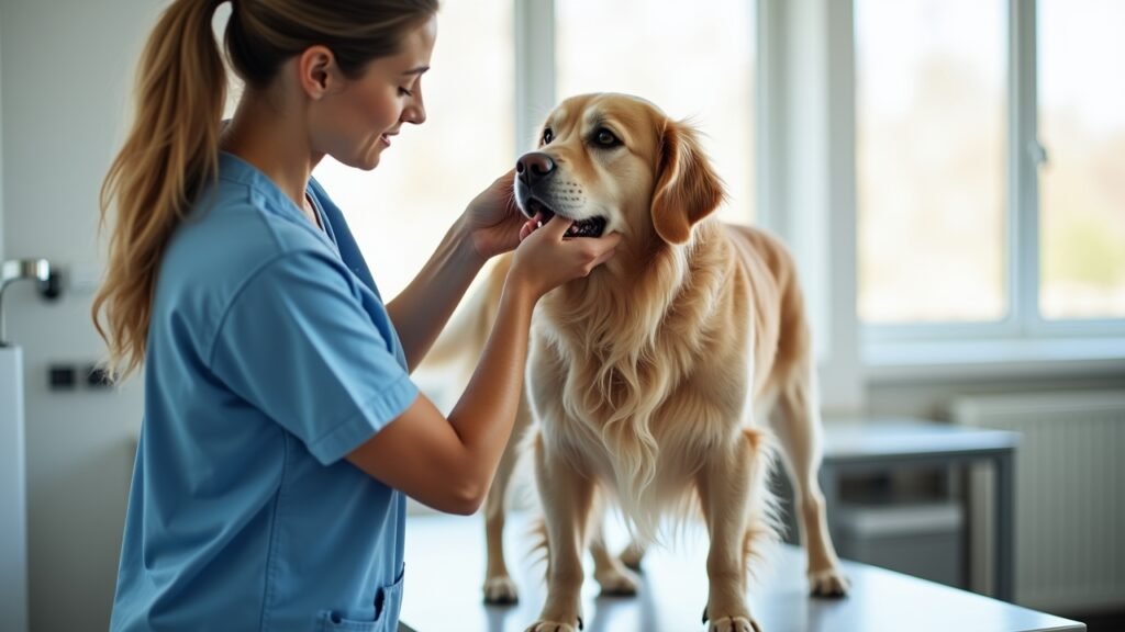 Vet checking senior dog health