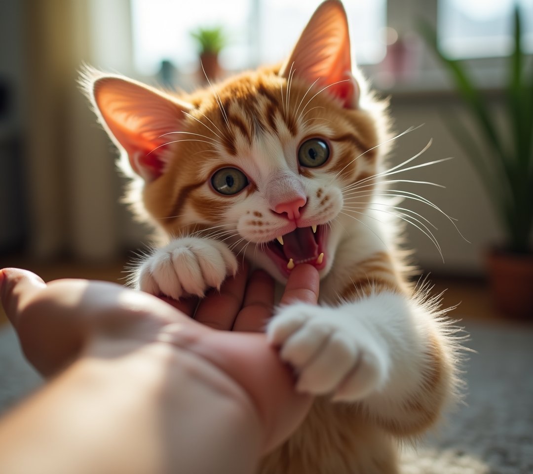 Cat biting owner's hand during play