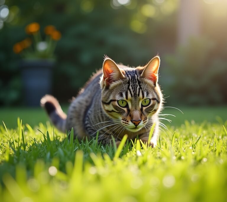Cat nibbling on grass outdoors