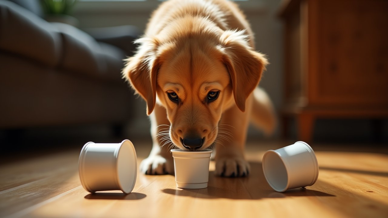 Dog sniffing treat hidden under cup
