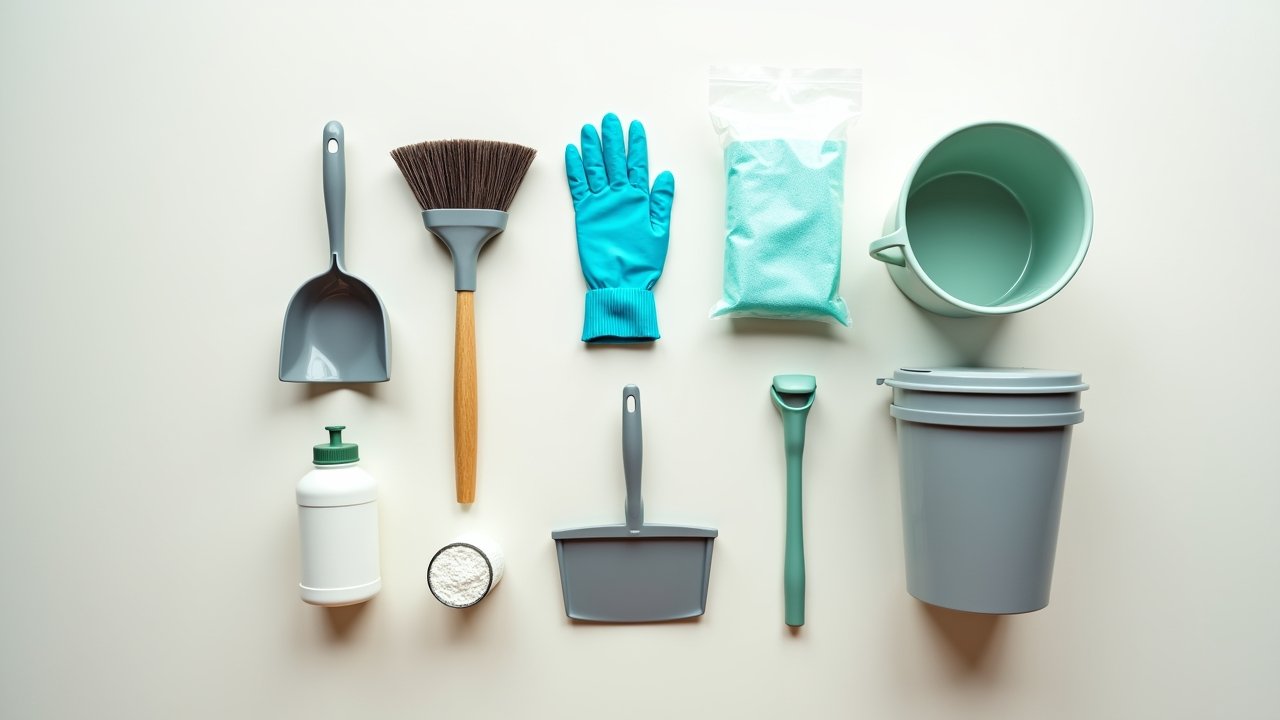 Litter box cleaning supplies laid out