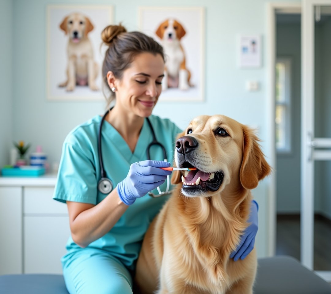 Owner brushing dog's teeth at home