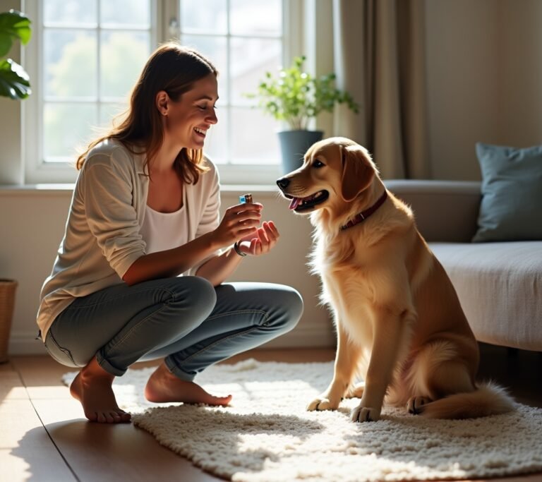 Owner holding clicker near attentive dog