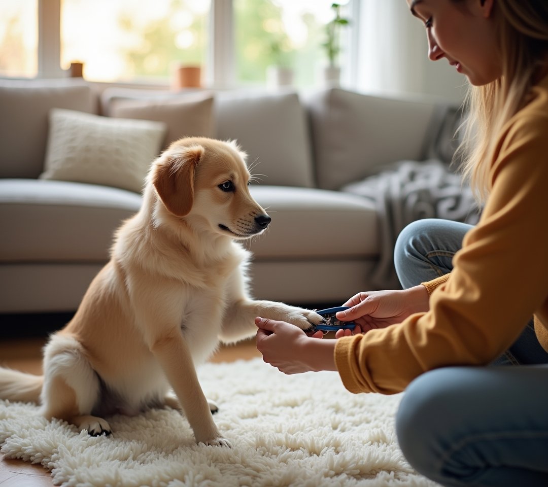 Owner trimming dog nails with clippers