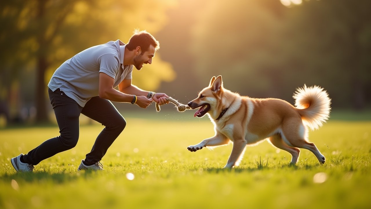 Owner playing tug of war with dog