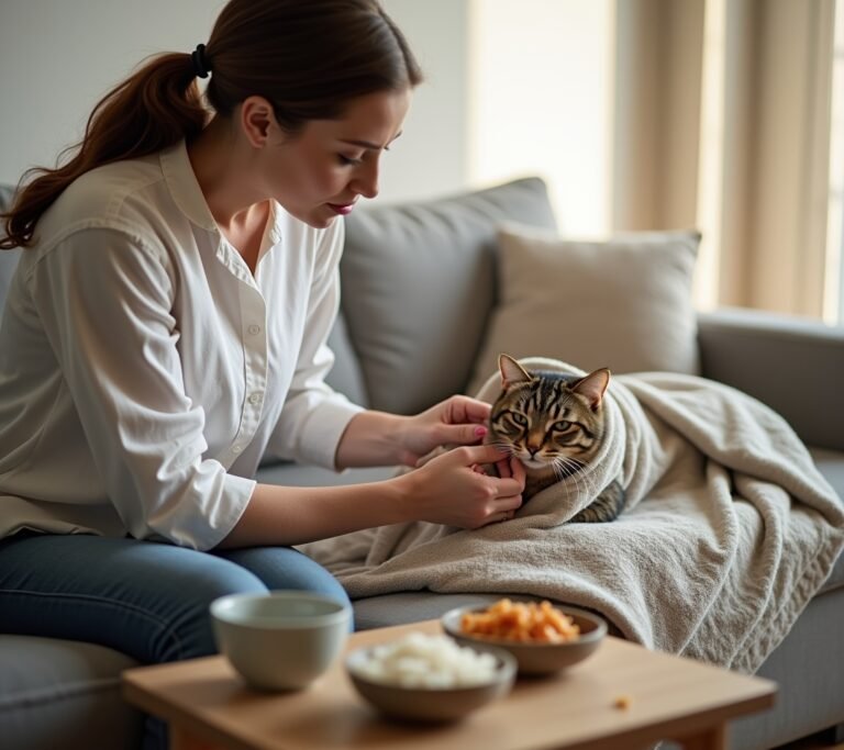 Sick cat with small food bowl nearby