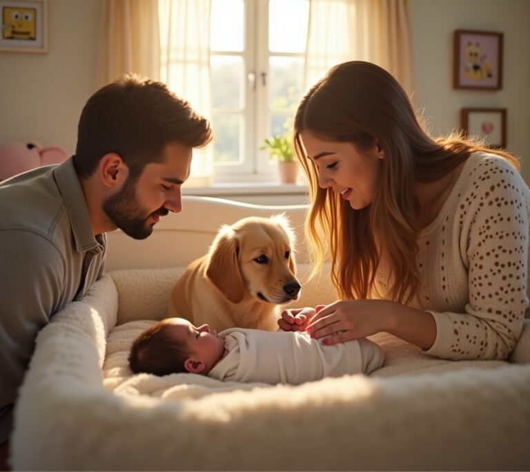 Dog sniffing baby carrier at home