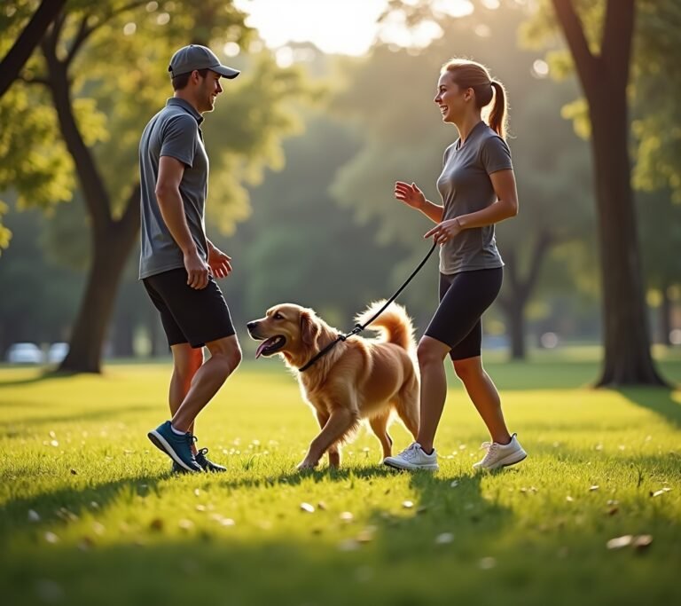 Dog walking off-leash beside owner