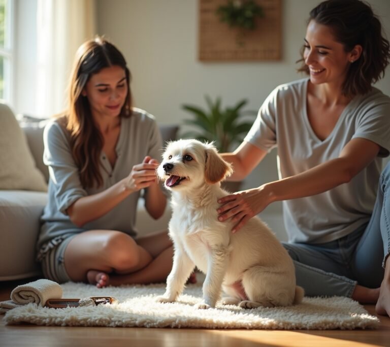 Owner wiping down short-haired dog