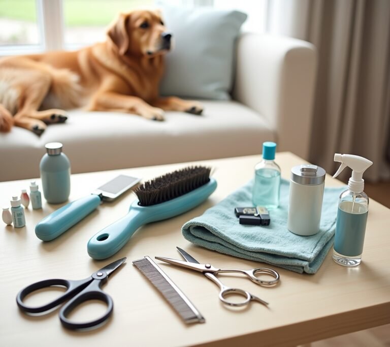 Flat lay of pet grooming tools