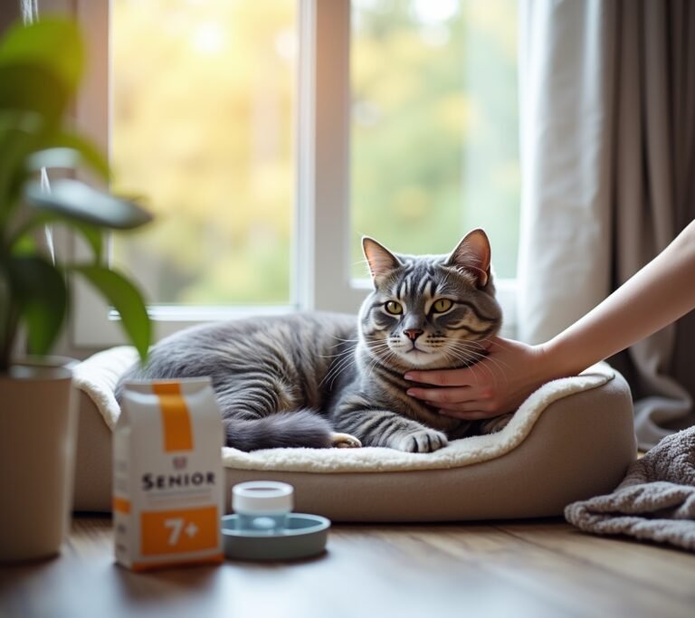 Senior cat resting on soft cushion