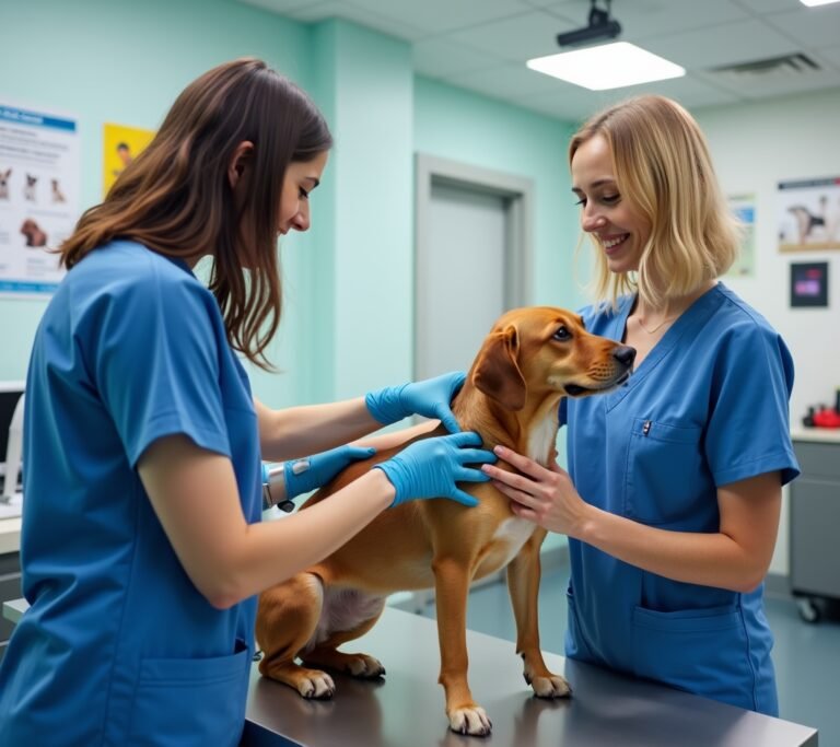 Vet administering vaccine to adult dog
