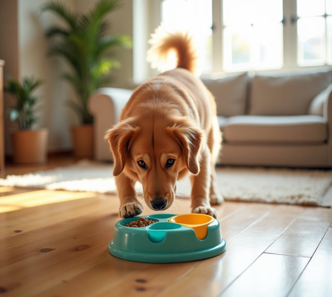Dog working on puzzle feeder toy
