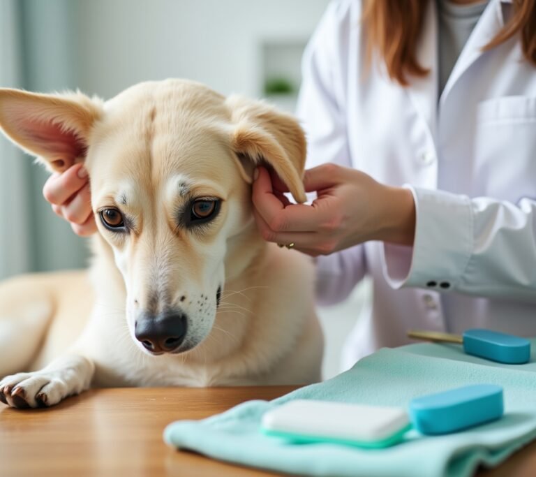 Floppy-eared dog getting ear cleaned