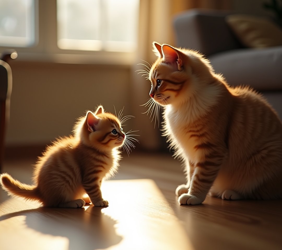 Kitten and adult cat meeting through door gap