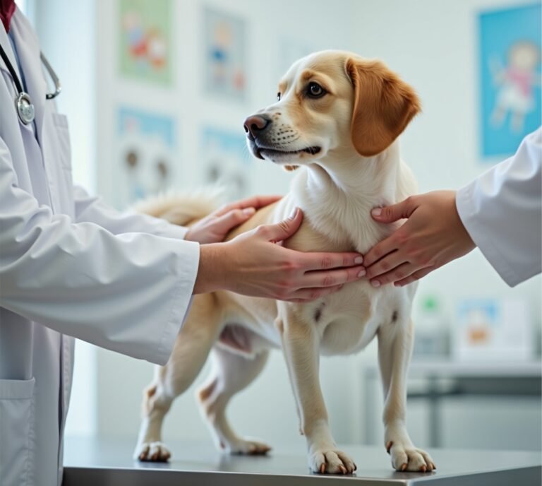 Owner gently feeling dog's body for lumps