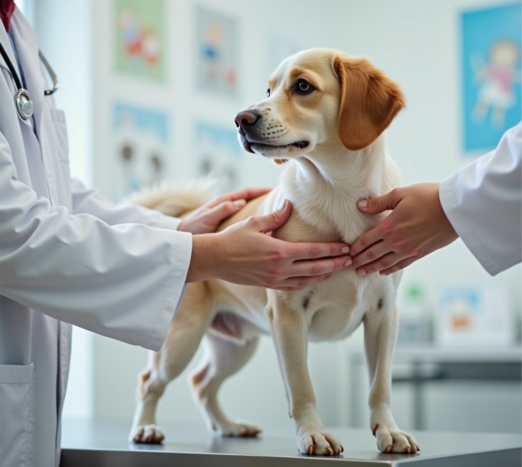 Owner gently feeling dog's body for lumps