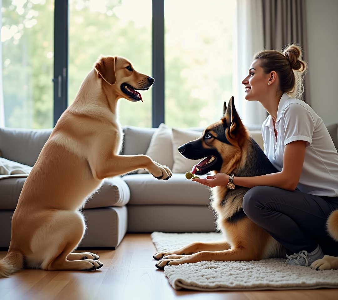 Owner training two dogs simultaneously